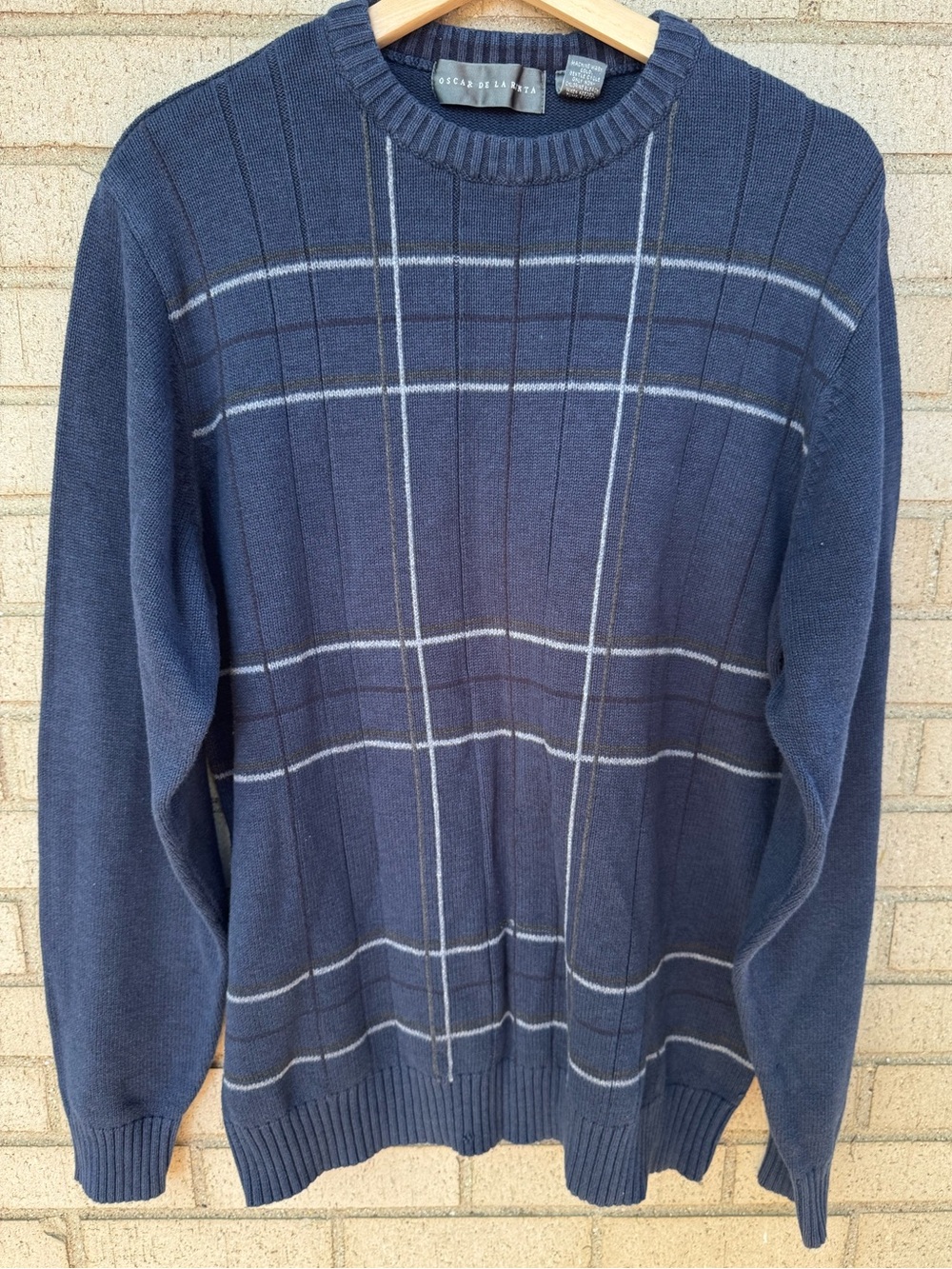 Oscar de la Renta Navy Crewneck Sweater Light Gray Windowpane Large